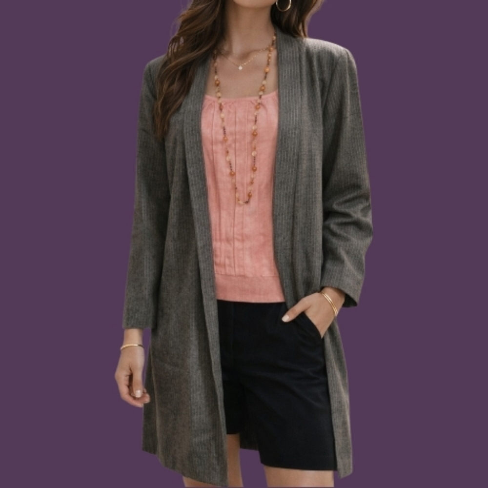Vtg MISS DORBY Gray Trendy Pinstripe Open Front Topper Duster Blazer